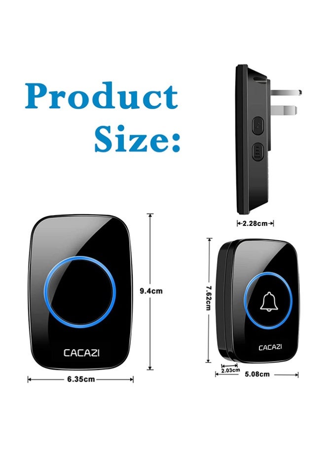 CACAZI Wireless Doorbell Kit, Over 300 Meters Range, IP44 Waterproof Doorbell with 60 Sounds and 5 Levels of Volume, LED Flash, Cordless Doorbell for Home, Hotel, Office and Villa, Warehouse and Anti-Theft, Black - Image 2